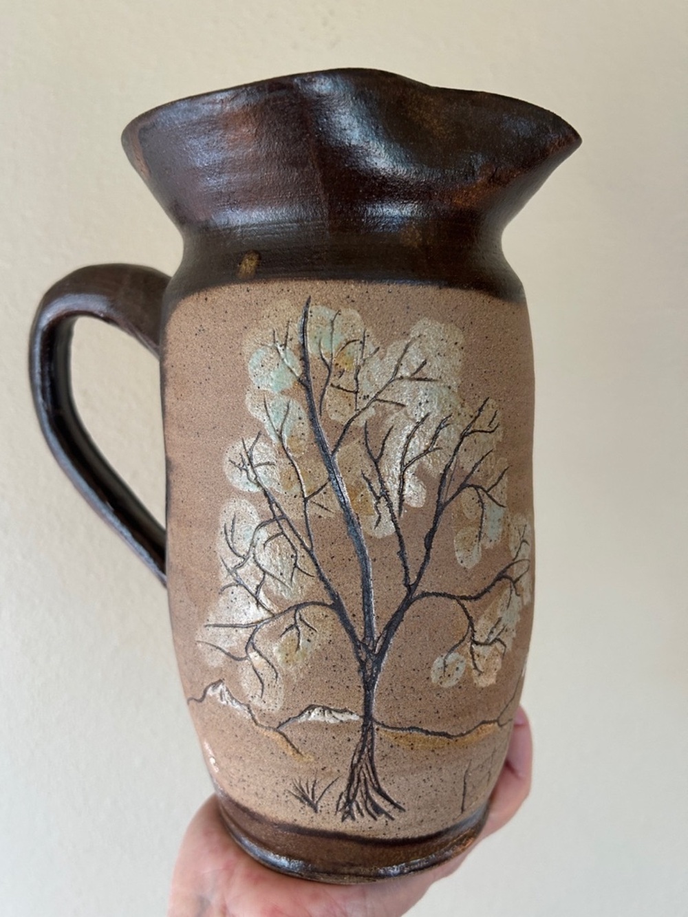 Vintage Hand Thrown Studio Art Pottery Artist Signed Pitcher Floral Vase